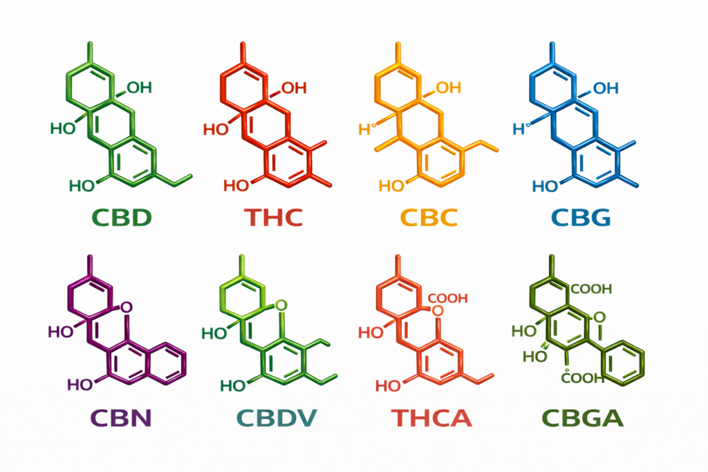 Kemijske formule kanabinoidov: CBD, THC, CBC, CBG, CBN, CBDV, THCA in CBGA