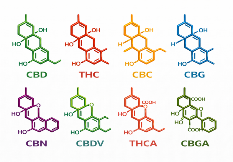 Kemijske formule kanabinoidov: CBD, THC, CBC, CBG, CBN, CBDV, THCA in CBGA
