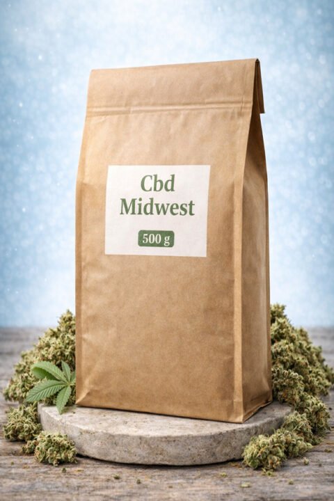 Konopljin čaj CBD Midwest 500 g v papirnati vrečki z vršički konoplje